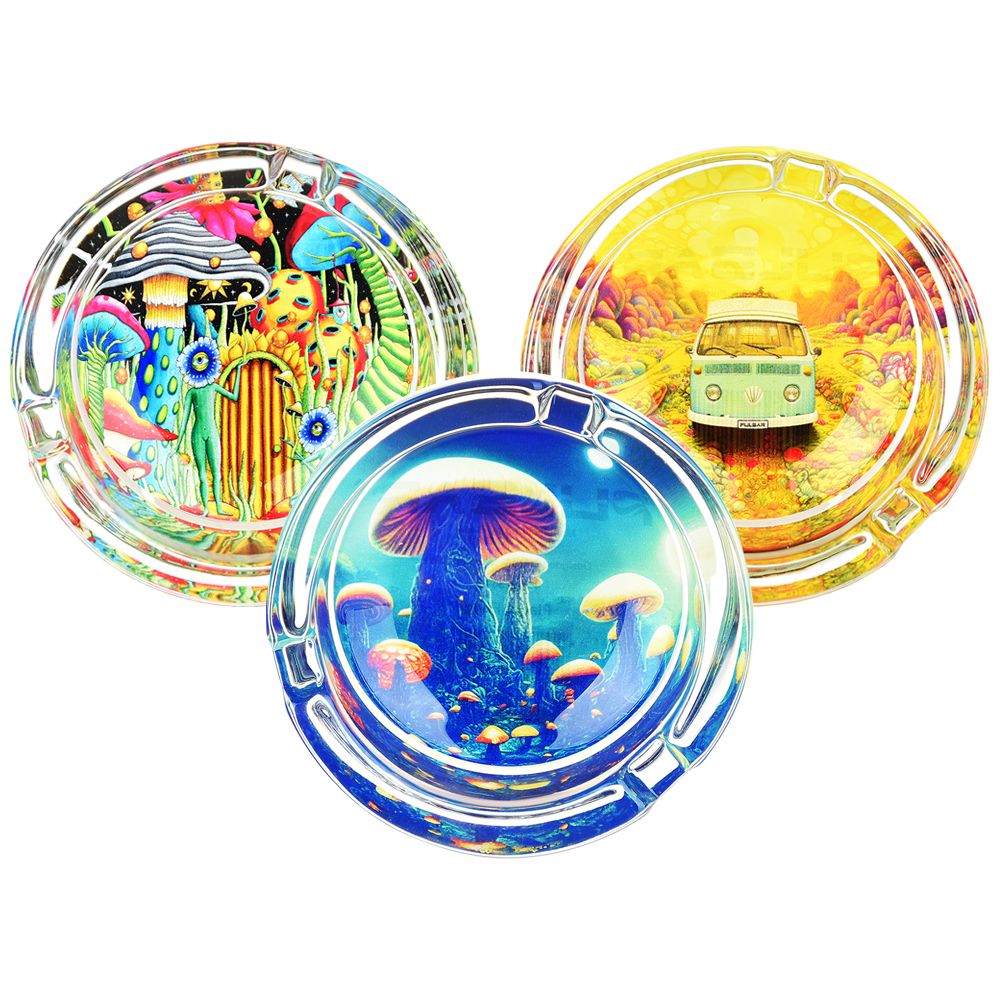 6CT DISPLAY - Pulsar Design Series Round Glass Ashtray - 3.4" / Assorted Designs