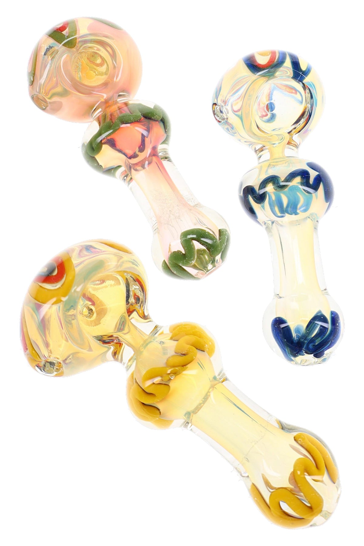 Three assorted Squiggle Pop glass spoon pipes with green, blue and yellow accents; sold individually
