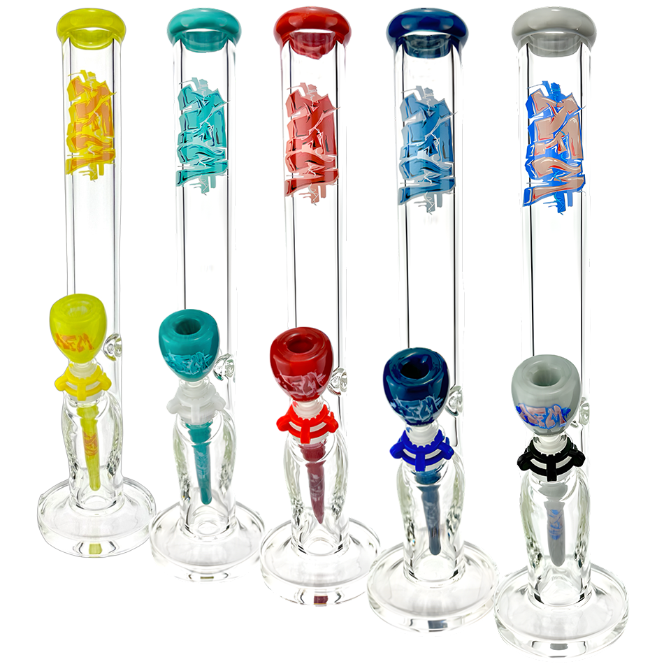18" Wildstyle Graffiti Colored Glass Straight Beaker Bong