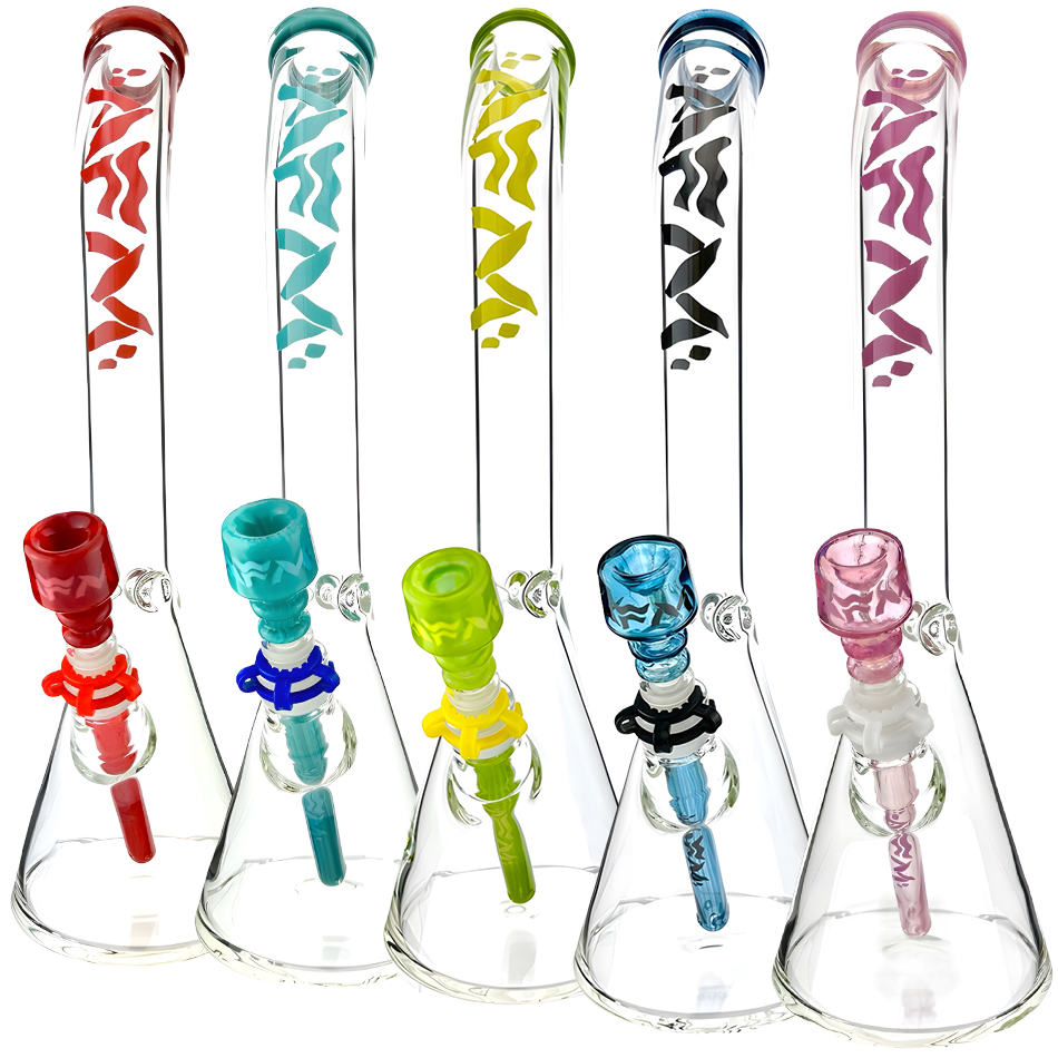 18" Wavy Bent Neck 7mm Colored Lip Glass Beaker Bong Bundle