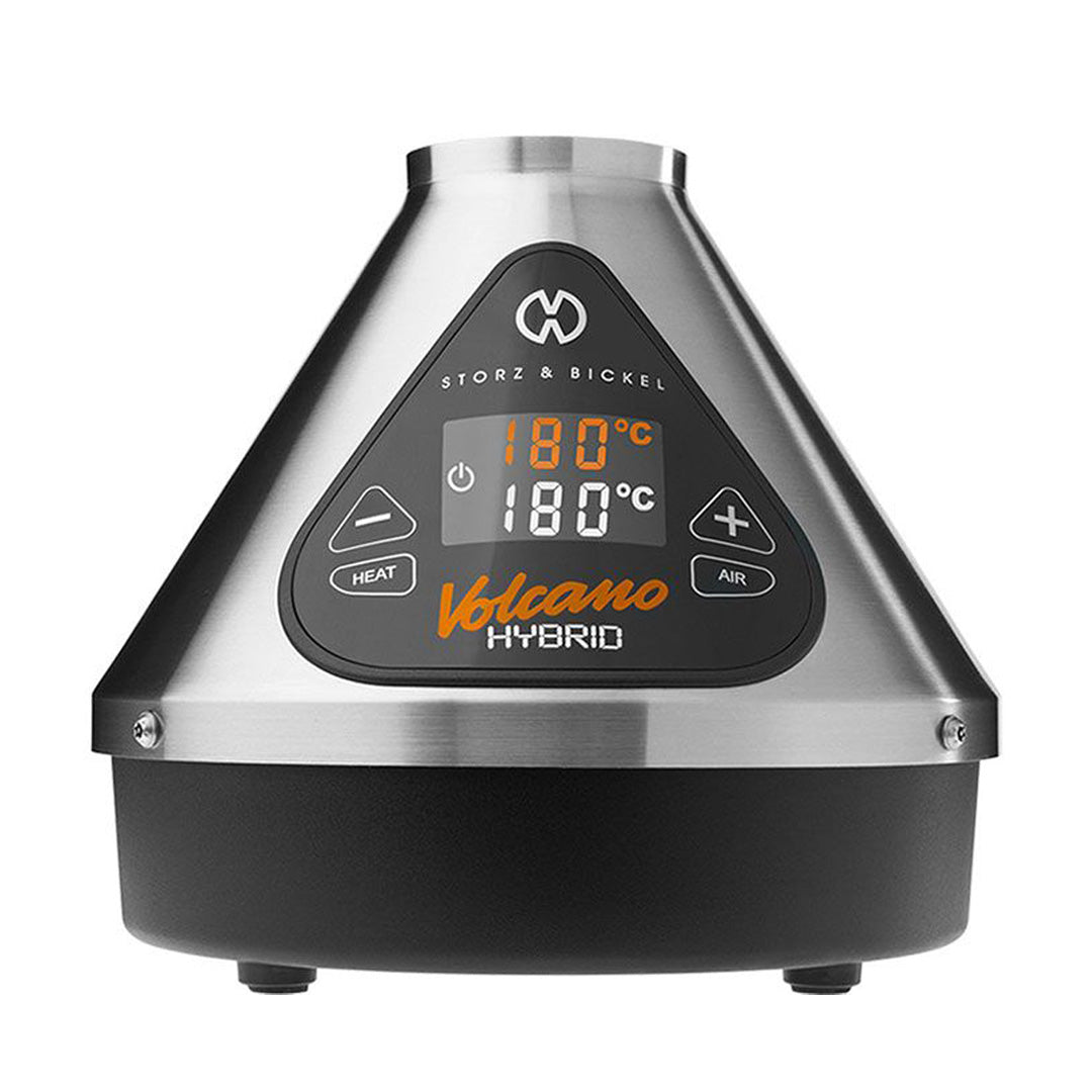 Silver STORZ & BICKEL VOLCANO HYBRID desktop vaporizer with its front temperature display.