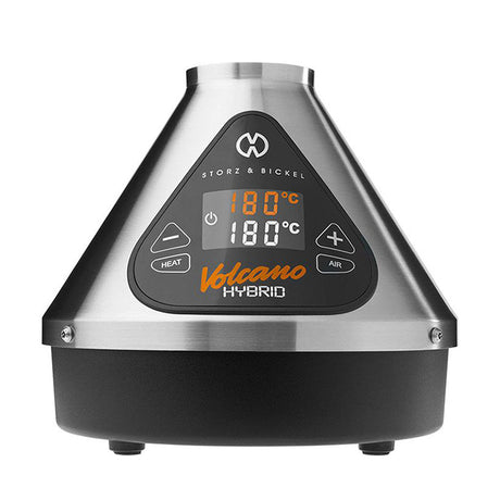 Silver STORZ & BICKEL VOLCANO HYBRID desktop vaporizer with its front temperature display.