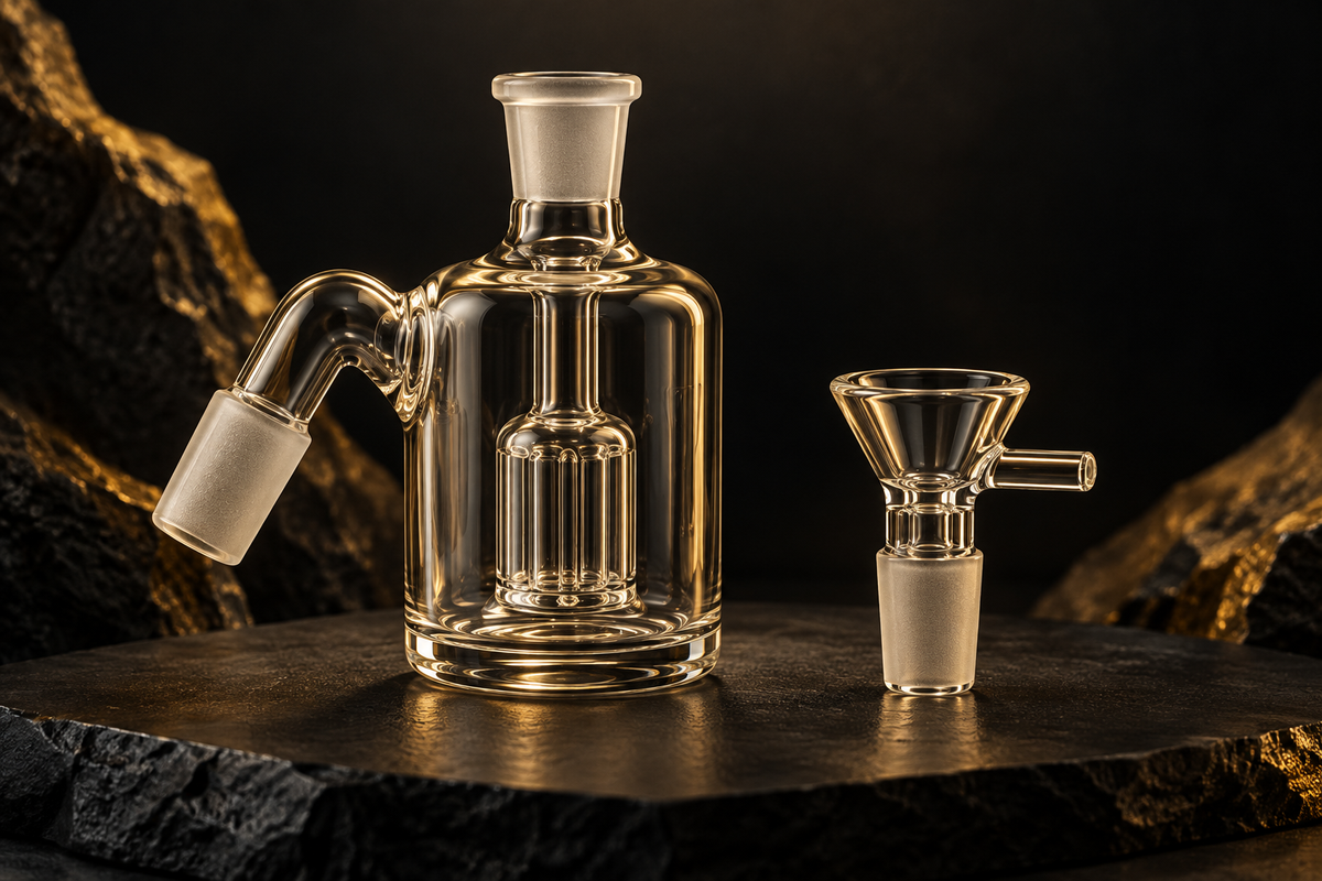 Editorial illustration of a clear glass ash catcher and separate glass bowl on a dark gold-lit background.