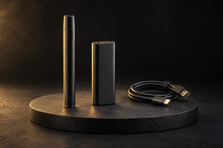 Editorial illustration of two generic vape batteries and a coiled charging cable on a dark platform.
