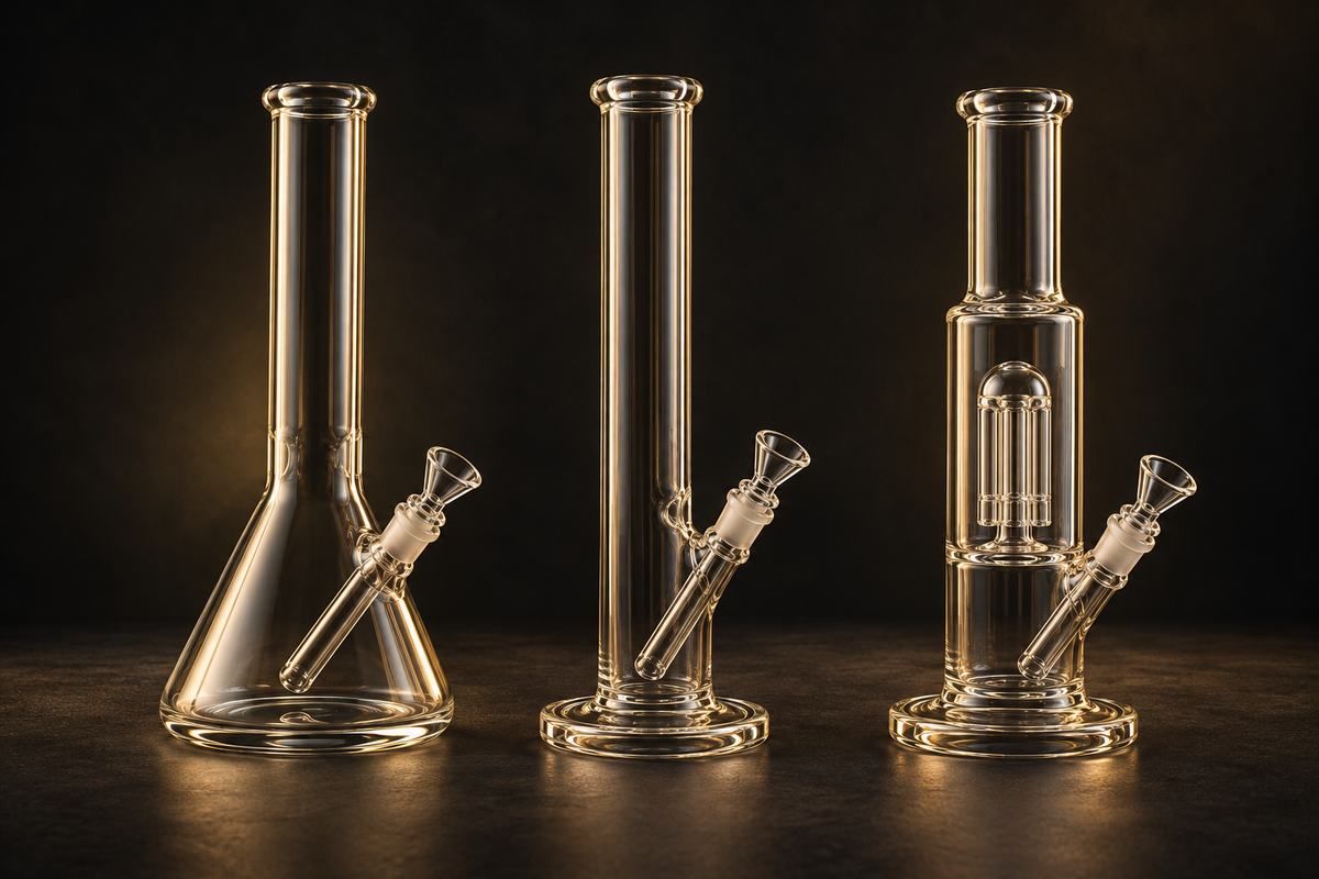 Editorial illustration of beaker, straight-tube and percolator glass water pipes.