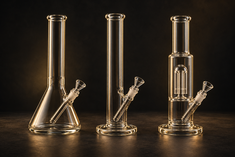 Editorial illustration of beaker, straight-tube and percolator glass water pipes.