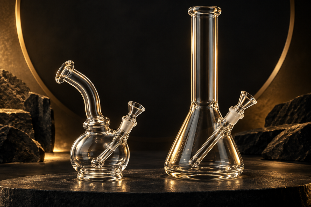 Editorial illustration comparing a compact glass bubbler and a larger beaker water pipe.