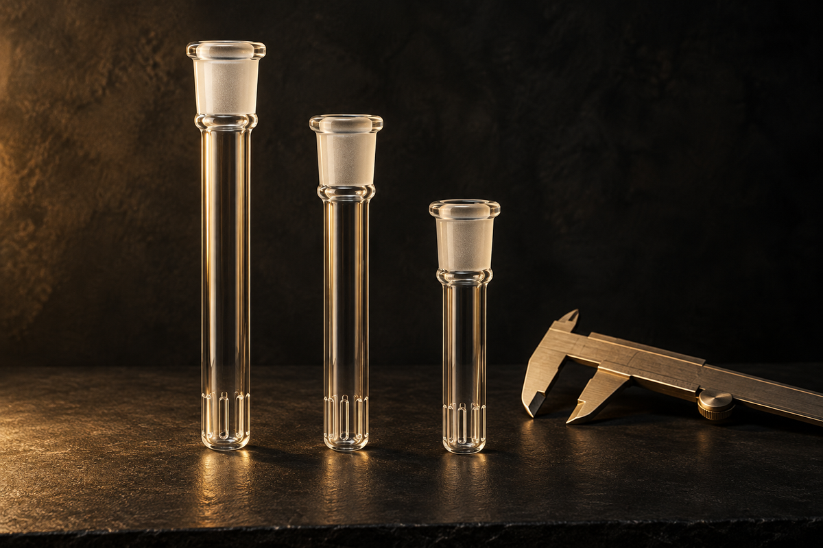 Editorial illustration of three glass downstems beside a caliper; not a measurement or fit diagram.