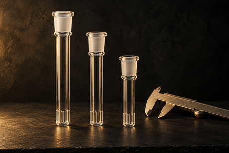 Editorial illustration of three glass downstems beside a caliper; not a measurement or fit diagram.