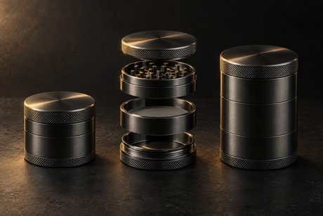 Editorial illustration of empty metal grinder parts on a charcoal background with gold lighting; not a cleaning or fit diagram.