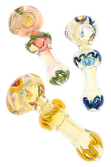 Three assorted Squiggle Pop glass spoon pipes with green, blue and yellow accents; sold individually