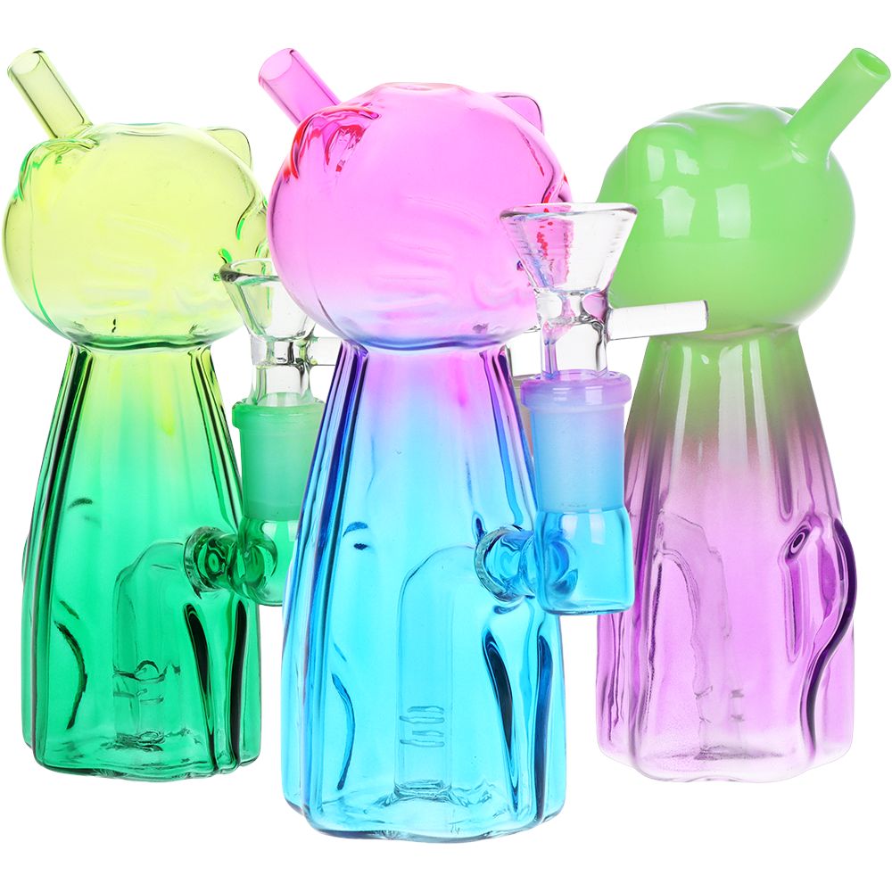 3CT BUNDLE - Cute Kitty Ombre Glass Water Pipe - 5.75" / 14mm F / Assorted Colors